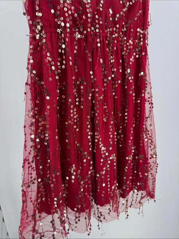 Southern fried chics deep red Sequined V-Neck and back sequin fringe L dress - Image 6