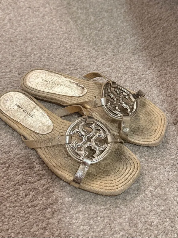 Tory Burch Metallic Gold Miller Logo Espadrille Slide Sandals - Image 8