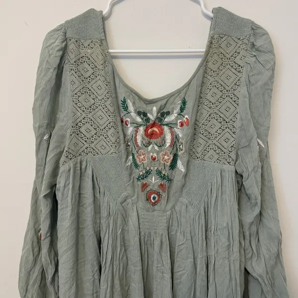 Free People Mohave Floral Embroidered Long-Sleeve Dress Size Large Sage Green - Image 4