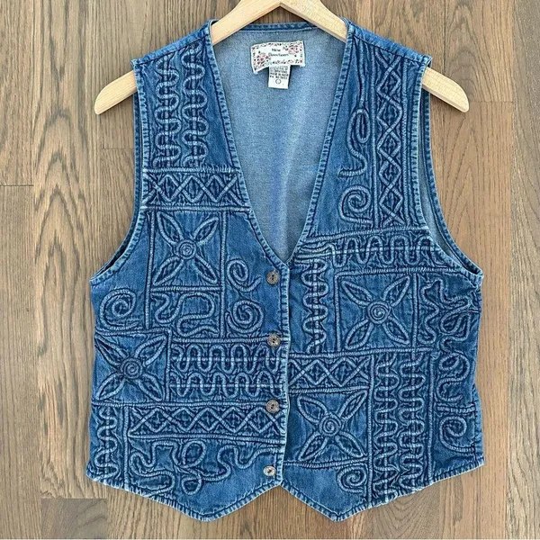 Anthropologie Vintage Embroidered Geometric Denim Western Sleeveless Vest Blue L - Image 5