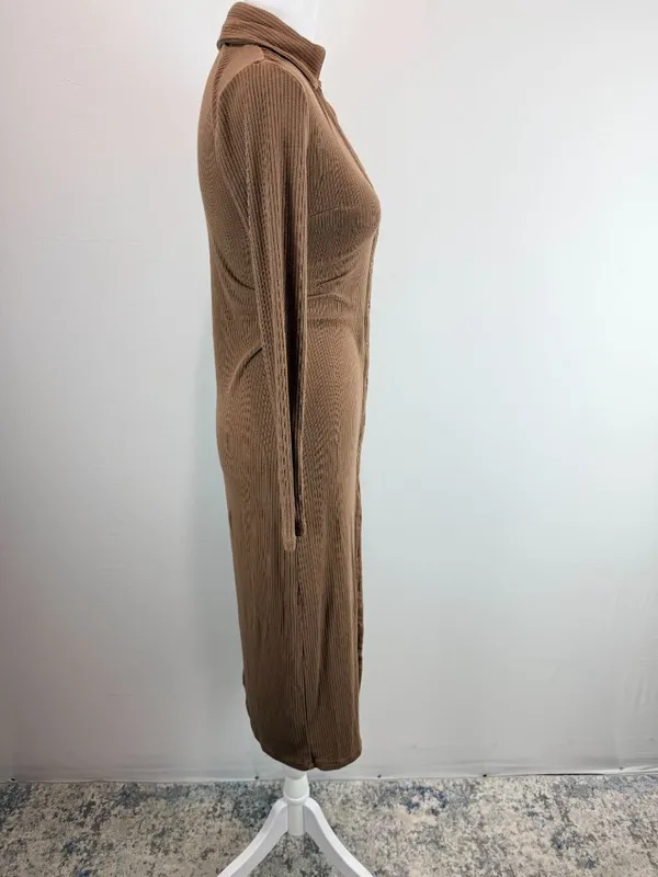 Lucca Brown Ribbed Long Sleeve Button-Down Midi Dress With Collared Neckline S - Image 2
