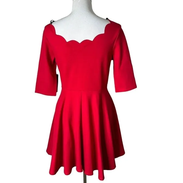 Lulus Red Scalloped Mini Skater Dress Womens L Stretch Knit Flared Fit & Flare - Image 3