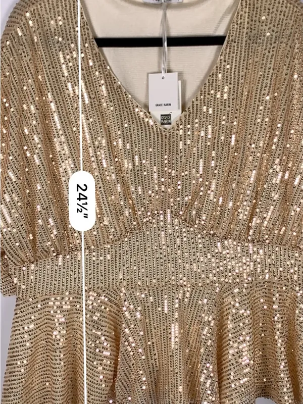 Grace Karin Womens Top 1XL Gold Sequin V Neck Batwing Peplum Party Blouse - Image 11