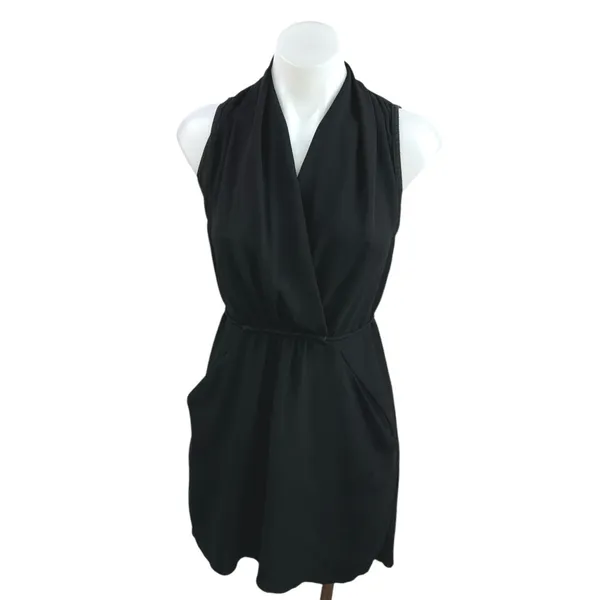 Aritzia Wilfred Black Sleeveless V Neck Faux Wrap Mini Sheath Dress Size XXS - Image 4