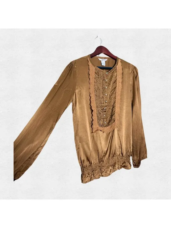100% Silk Brown Peasant Blouse Long Sleeve Satin Shirt Size 8 Medium Coquette - Image 3