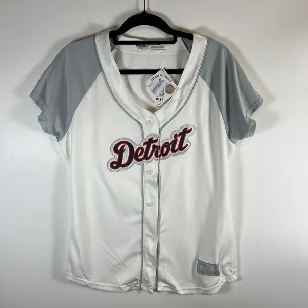 Majestic MLB Detroit Tigers Baseball Jersey Womens Large White Grey Glitter Logo - Image 10