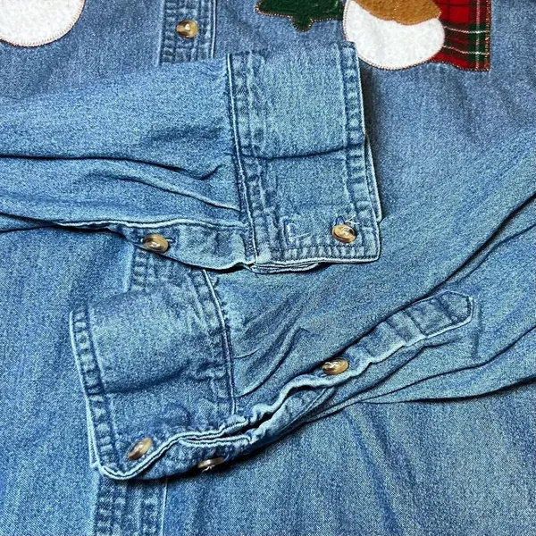 Vintage Christmas Denim Button Up Shirt Womens 2X Blue Holiday Embroidered Snow - Image 8