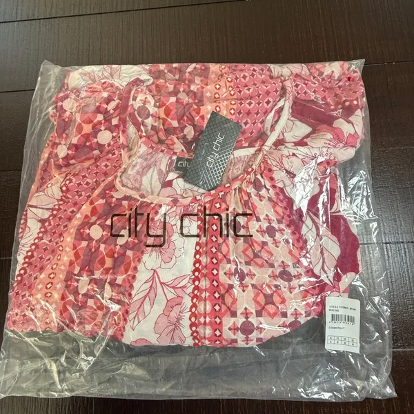 City Chic Cosmo Mini Dress Pink Floral Patchwork Puff Sleeve Plus Size XL 22 - Image 3