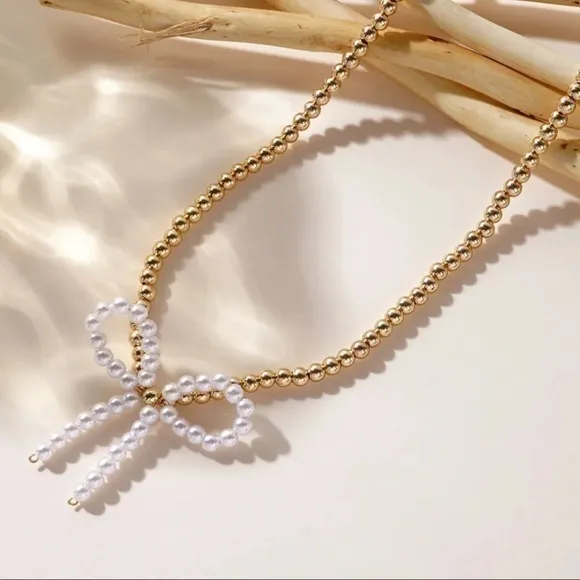 NWOT Beaded Classy Elegant Faux & Pearl Gold Bow Choker Ballet Coquette Necklace - Image 2