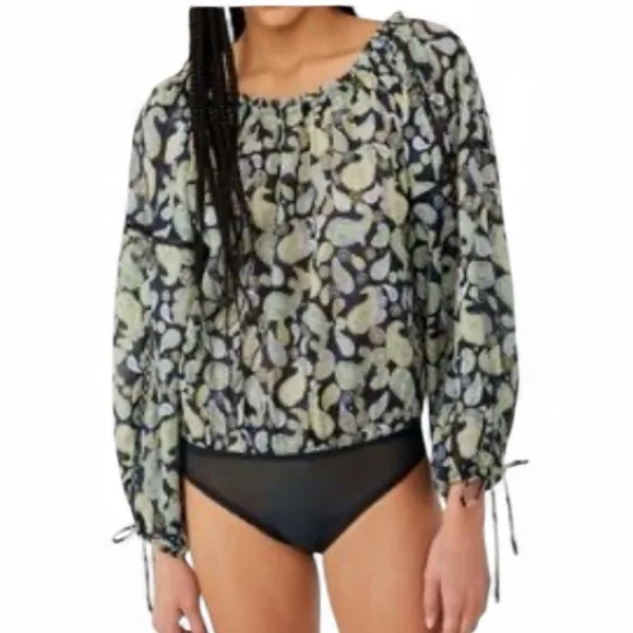 Intimately Free People Sundown Boho Blue Green Paisley Print Bodysuit Blouse S - Image 3