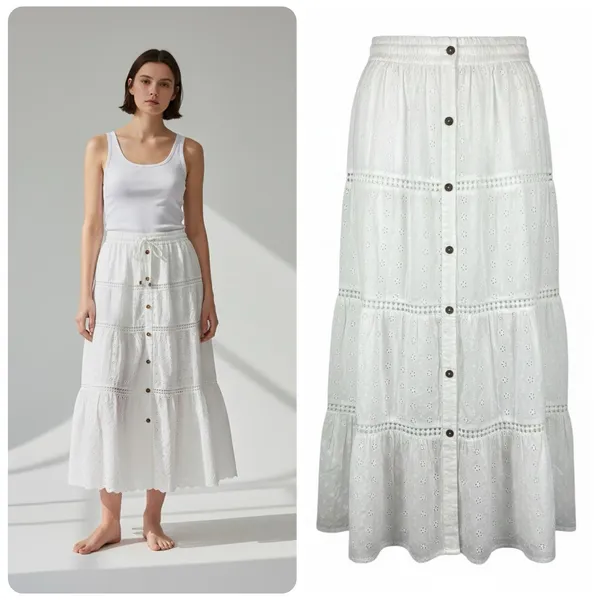 White Eyelet Cotton Maxi Skirt Large Tiered Layered Elastic Pull-On Cottagecore - Image 2
