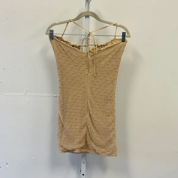 Oh Polly Pearl Embellished Fishnet Mini Dress Tan Halter Bodycon US 4 Beach - Image 3
