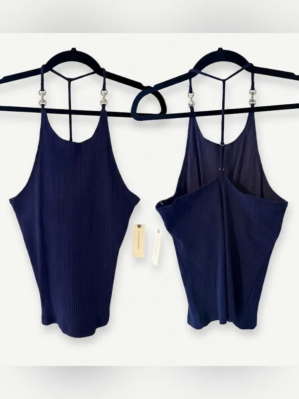 Maeve Ribbed Halter Tank in Navy with Silver Hardware - Image 5