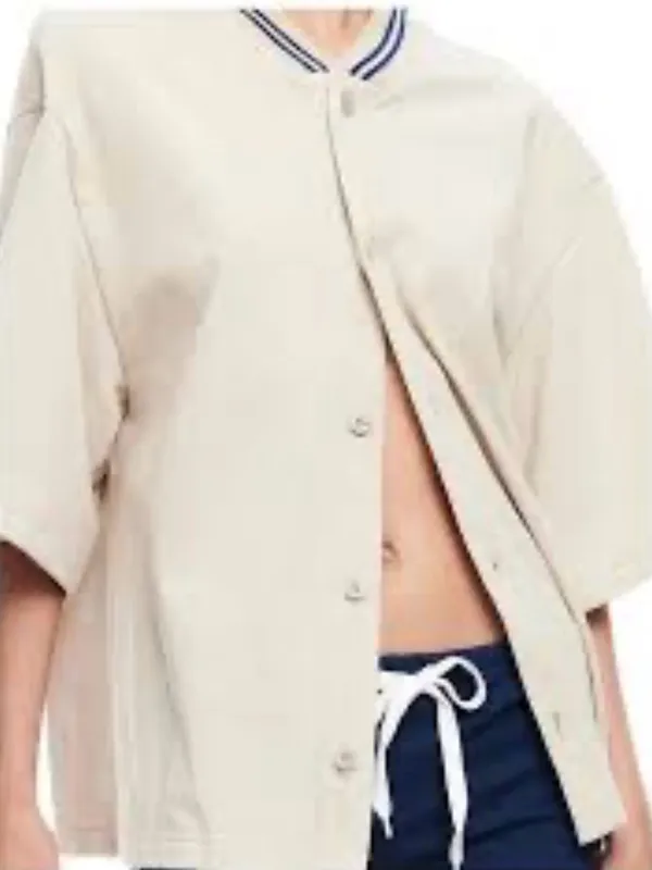 Lioness Beige Button-Front Shirt with Navy Stripe Collar - XS (New with Tags) - Image 2