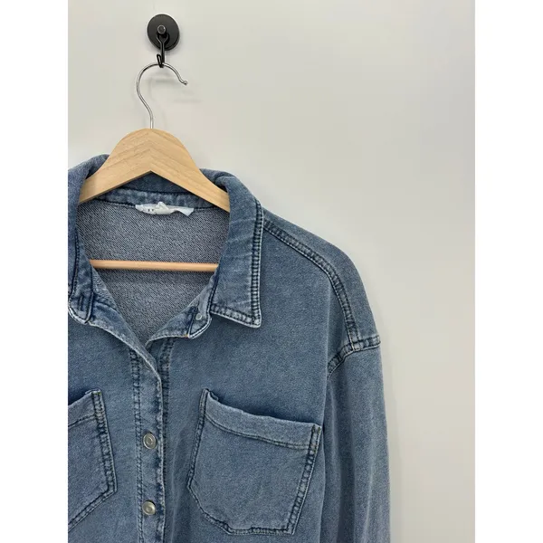Jane + Delancey Women Large Blue Acid Wash Cotton Blend Knit Denim Shacket - Image 7