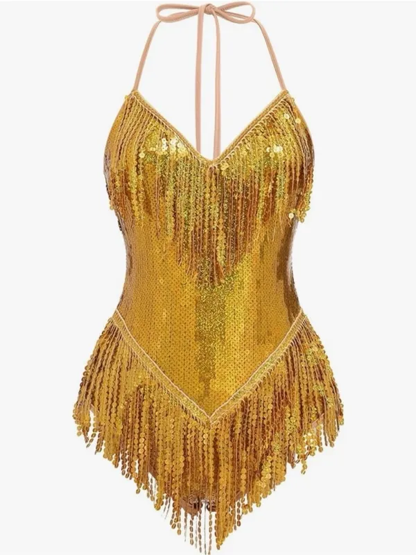 Sparkly Fringe Dress Glitter Tassel Latin Dance Dress V-Neck bodysuit costume - Image 2