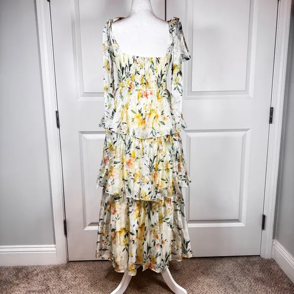 Lulus Yellow Floral Tiered Maxi Dress M Cottagecore Wedding Guest Chiffon NWT - Image 4