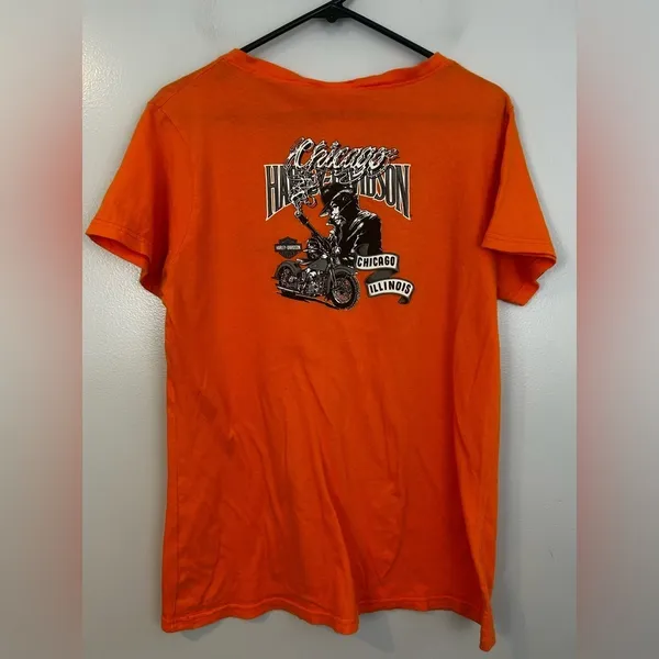 Vintage Harley Davidson Orange Chicago Gangster Biker V-neck T-shirt Size XL - Image 2