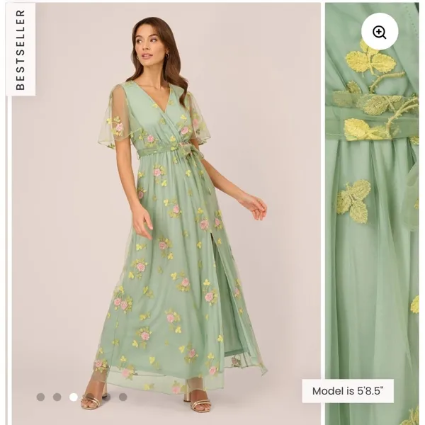 Adrianna‎ Papell Embroidered Maxi Dress Sage Multi Floral Flutter Size M NWT - Image 2
