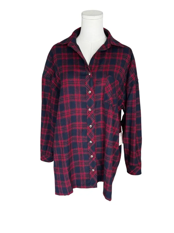 Superdown x Revolve - NWT Audriana Oversized Flannel Top Red Navy Plaid Sz S - Image 3