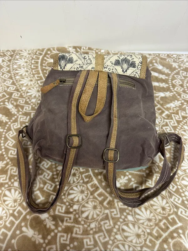 Myra Bag Teal, Brown & Cream Floral Flap Backpack - Image 2