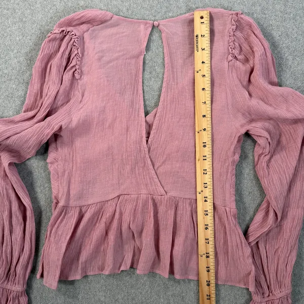 Free People Women's XS Pink Ruched Deep V-Neck Daia Top Peplum Long Sleeve - Image 9
