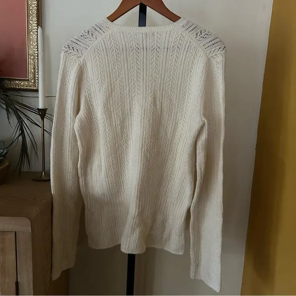 Vintage J. Crew Wool‎ Pointelle Henley Sweater Buttons Knit Cream White Size M - Image 5