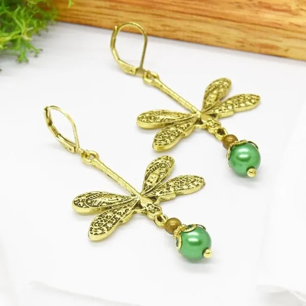 Gold Dragonfly Earrings Green - Image 2