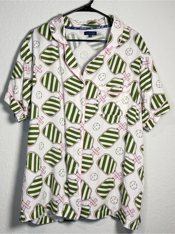 Katie Kime Women’s 2XL Sleepwear Top in Pink and Green Pickleball Print - Image 2