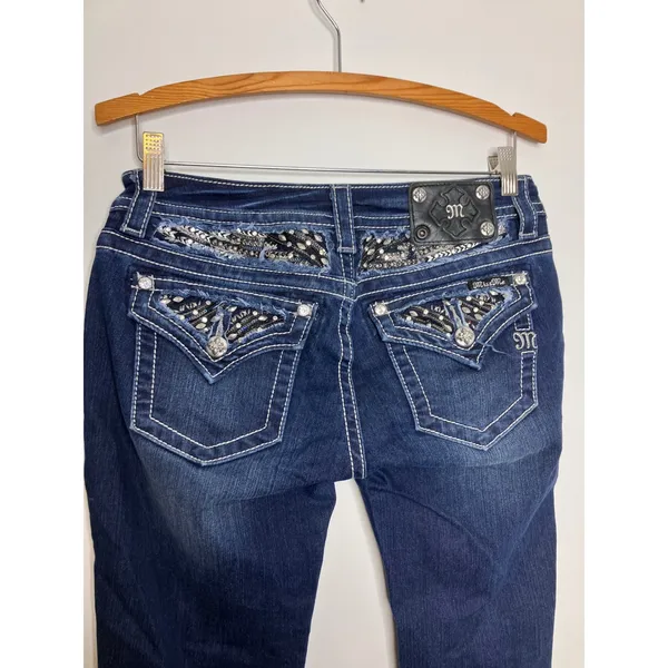 Miss Me Signature Skinny Jeans Womens 28 Blue Excellent Embellished Flap Pocket - Image 5