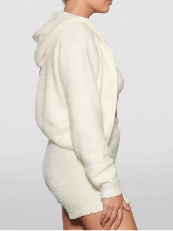 Skims Cozy Knit Zip-Up Hoodie Jacket Bone Cream Size Small / Medium Fuzzy Boucle - Image 3