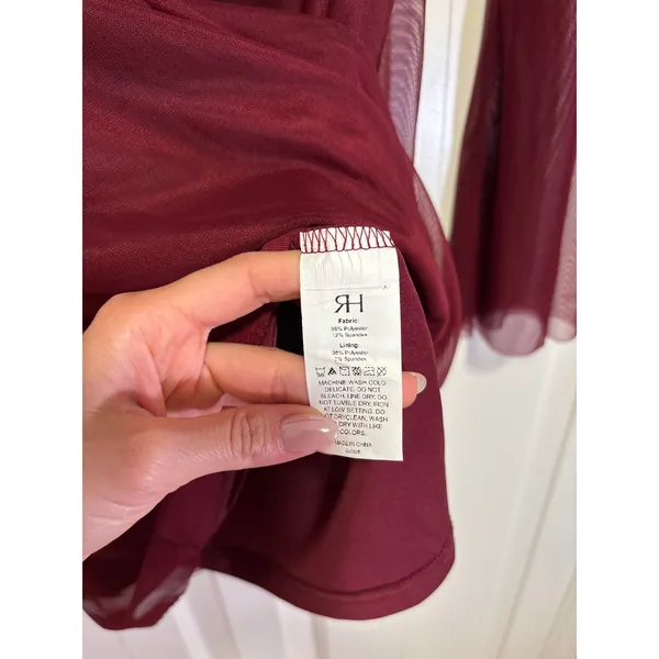 RIHOAS Women's Burgundy Mesh Bell Sleeve Mini Dress Size S NWT - Image 6