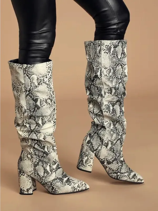 Lulu's White and Black Snake-Print Slouchy Block Heel Boots - Image 3