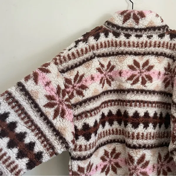 Aerie Sherpa Half Zip Pullover Snowflake Print Teddy Fleece Size M Pink Brown - Image 6