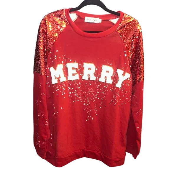 Southern Grace Merry Festive Red Sequin Sweatshirt Lg - Image 2