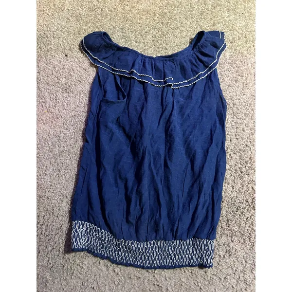 Papaya Womens Navy Blue Ruffle Neck Smocked Hem Boho Tank Top Size Medium‎ - Image 4
