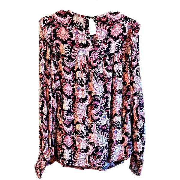 Knox Rose Women‎ Medium Paisley Smocked Peasant Blouse Black Pink Long Sleeve - Image 8