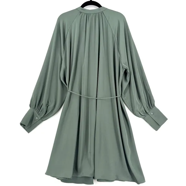 H&M Sage Green Belted Shirt Dress XL Long Sleeve Flowy Mini Tunic Quiet Luxury - Image 2