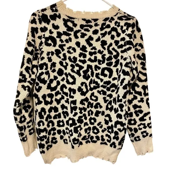Staccato Black/Cream Distressed Long Sleeve Cheetah Print Sweater - Image 2