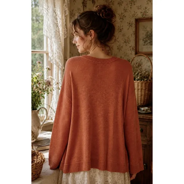 FREE PEOPLE Free-est V Neck Pullover Sweater Orange Knitwear Boho Bohemian Small - Image 6