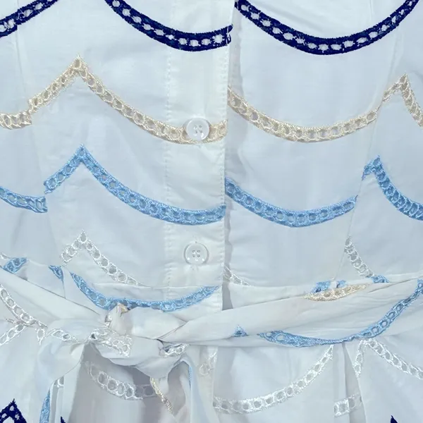 Boutique Blue White Eyelet Cottagecore Midi Dress Tie Waist XL - Image 9