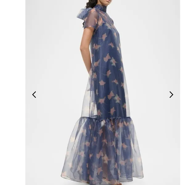STAUD Botanical Navy Calluna Organza Mesh High Neckline Tie Back Gown size Small - Image 16