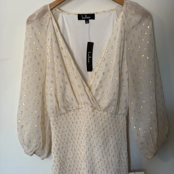 Lulus gold shimmer dot ruffle mini dress NWT size‎ small - Image 5