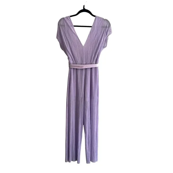 Alice + Olivia Mitsue Plissé Jumpsuit 2 Lilac Pleated Wide Leg Belted - Image 5