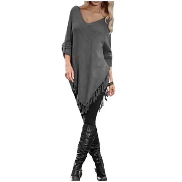 ✨VENUS Gray V-Neck Fringe Tassel Hem Button Cuff Sz S Poncho Sweater✨ - Image 2