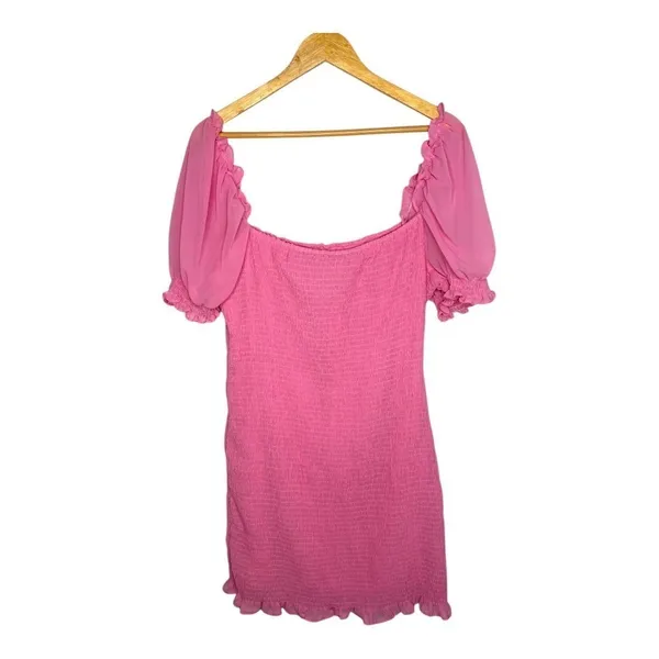 PrettyLittleThing Smocked Mini Dress Womens 12 Pink Puff Sleeve Ruffle‎ Hem - Image 6