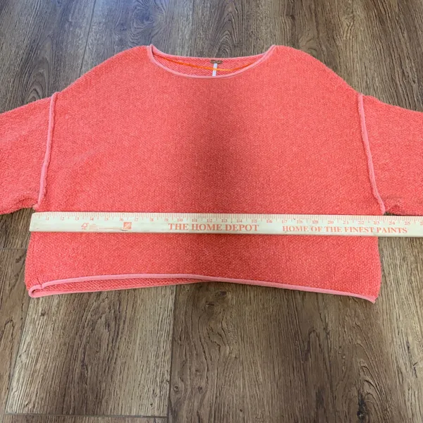 Free People Coral Orange Textured Knit Boxy‎ Cropped Bardot Sweater Womens Small - Image 7