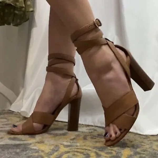 Club Monaco tan leather‎ wrap heels Size6.5 A21 - Image 4