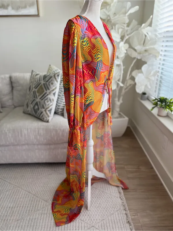 Bananhot Long Multi-Color Sheer Long Sleeve Cover-Up In Waves Size M/L - Image 7