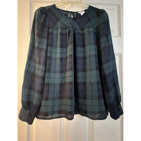 J.CREW Women’s XS Blue/Green Plaid Long Sleeve Blouse Preppy Office Holiday Top - Image 2